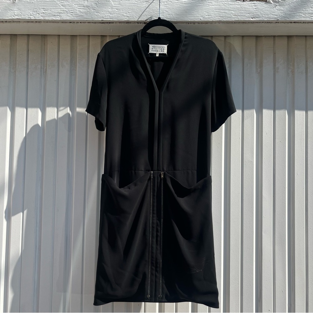 MAISON MARTIN MARGIELA black short sleeve zip up pocket detail midi dress